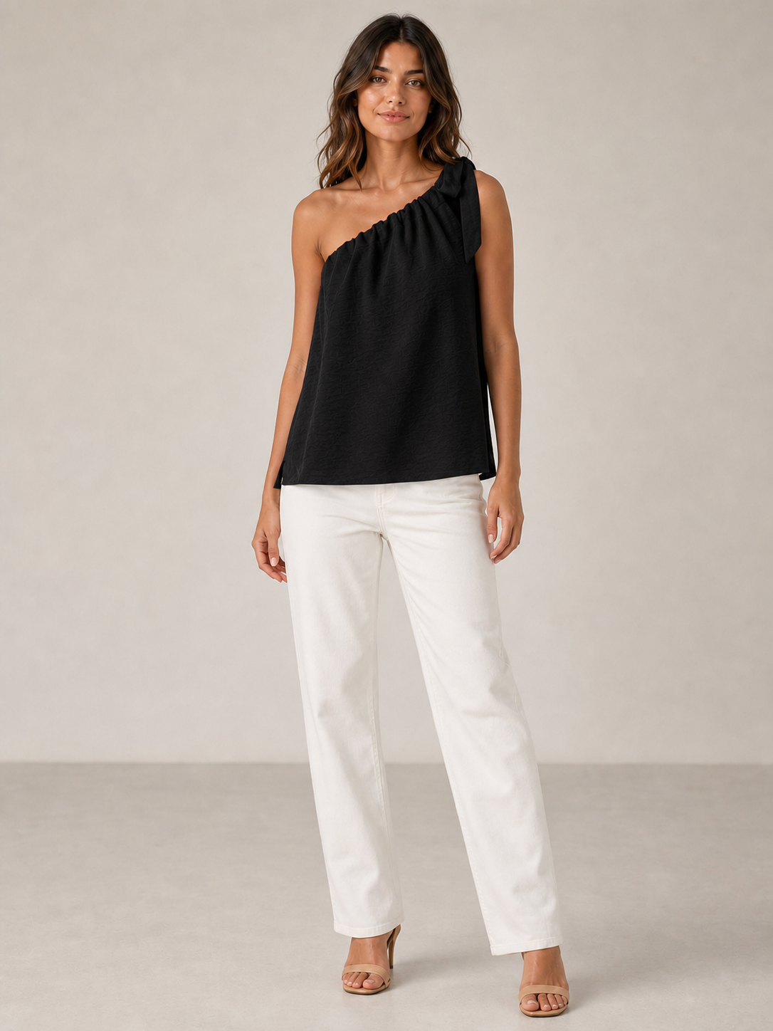 Women's black one-shoulder tie loose top