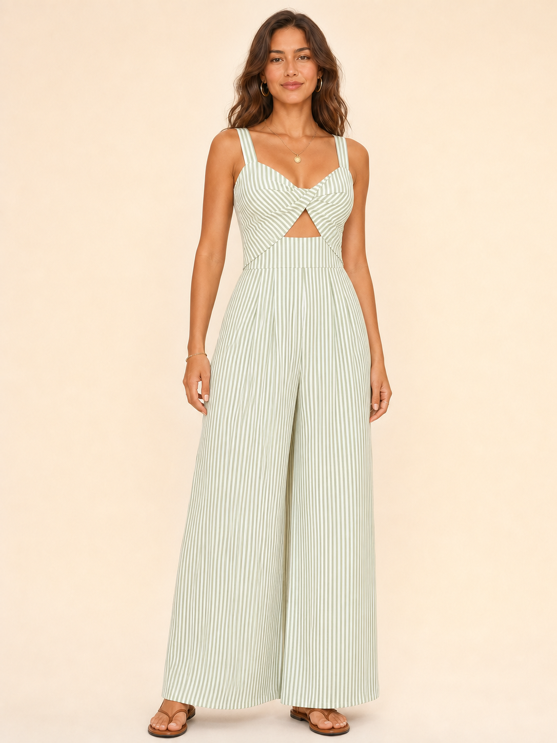 Women's sage green and white striped wide-leg jumpsuit