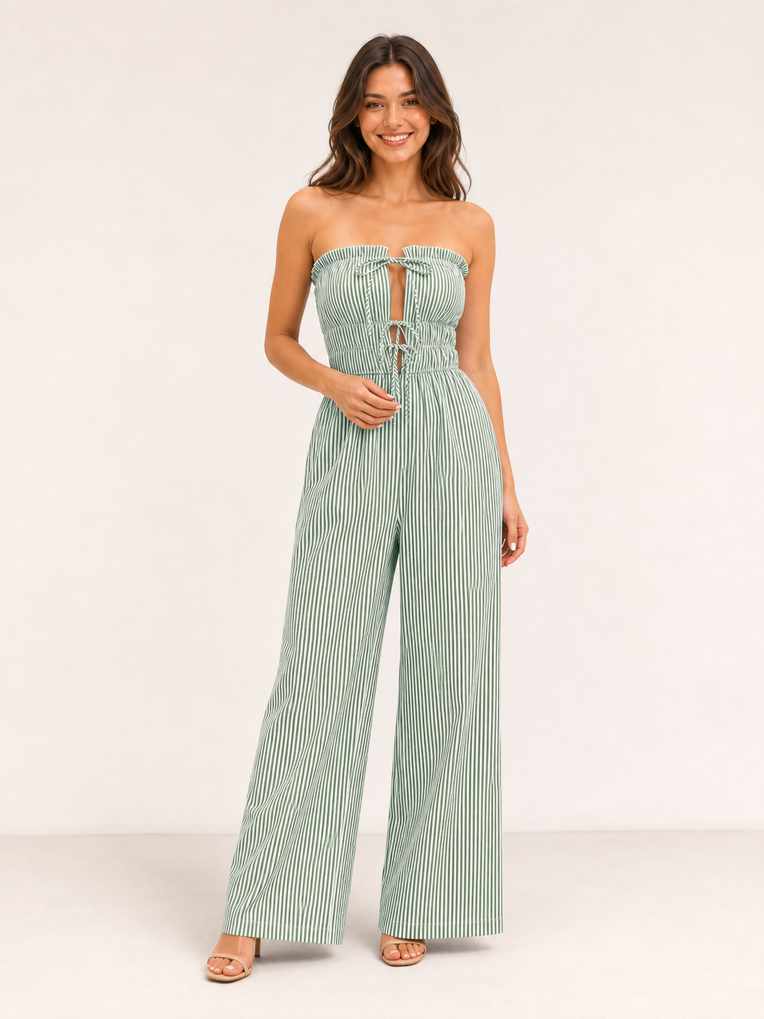Women's green and white striped strapless wide-leg jumpsuit