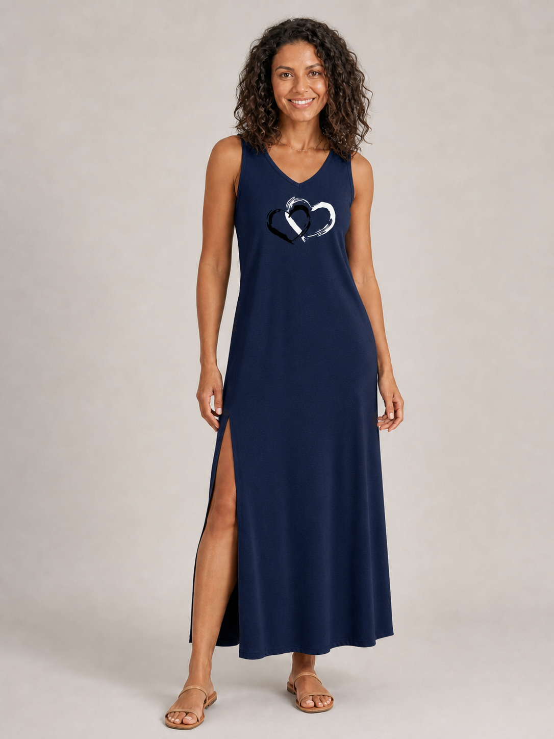 Women's navy double-heart sleeveless maxi dress