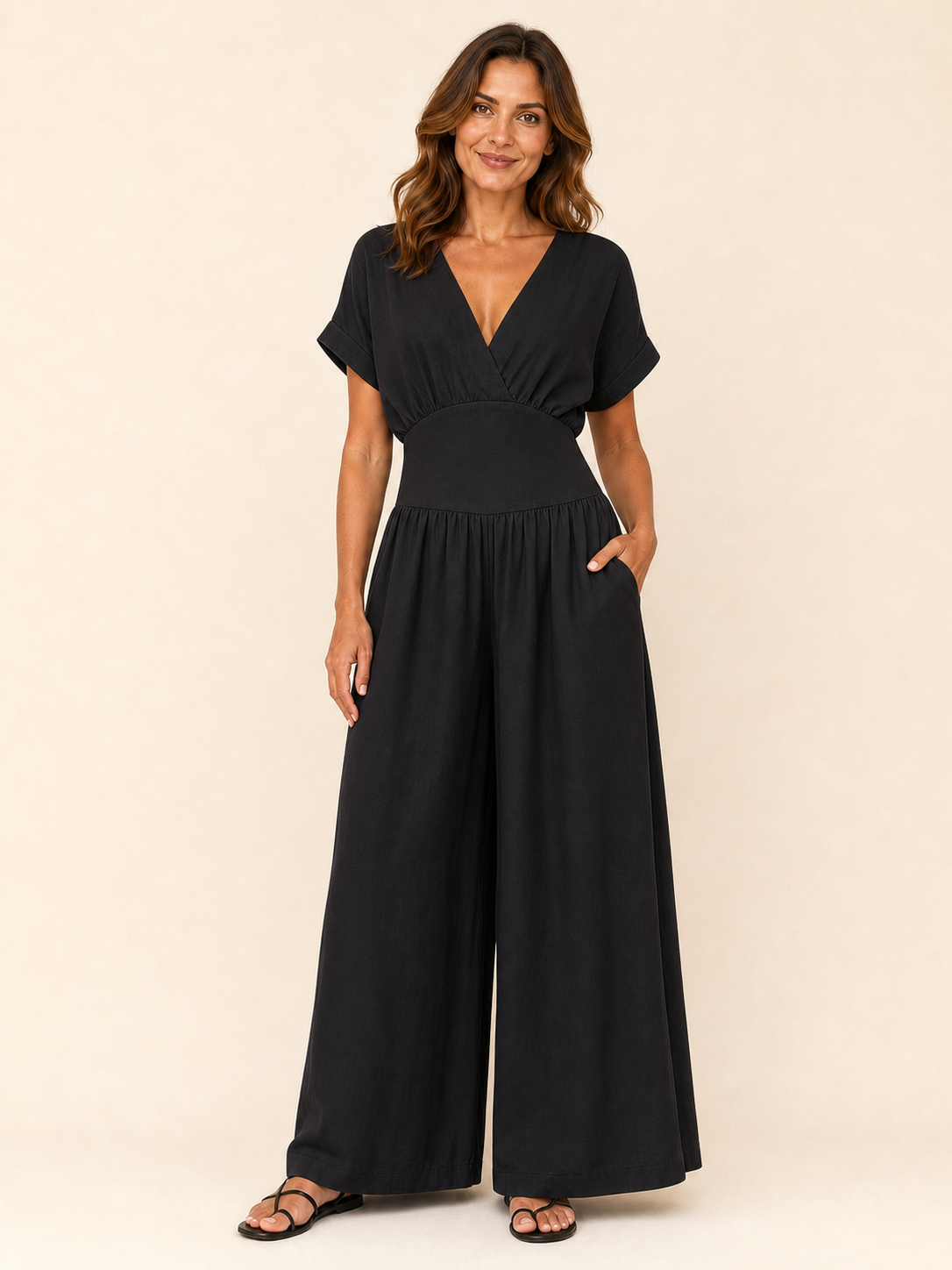 Women's black surplice wide-leg jumpsuit