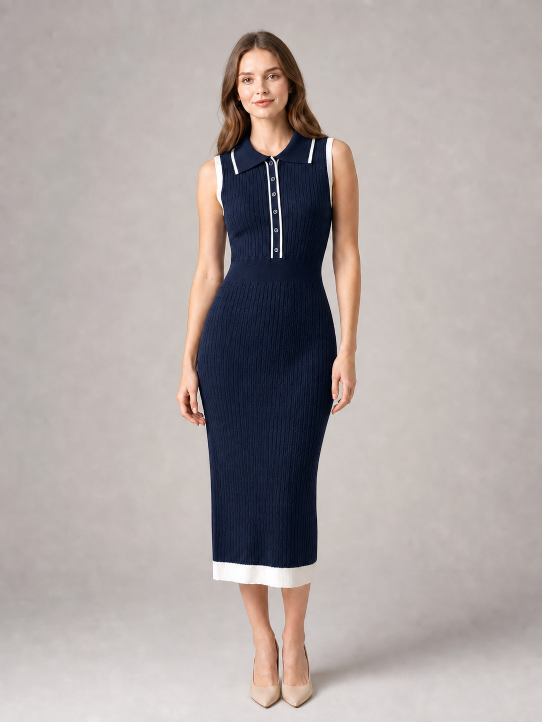 Women's navy and white sleeveless knit polo midi dress