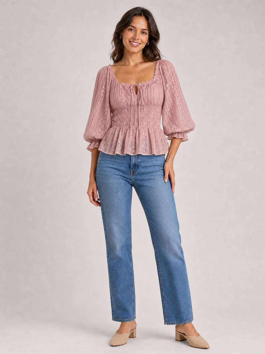 Women's dusty rose square-neck smocked-waist lace blouse