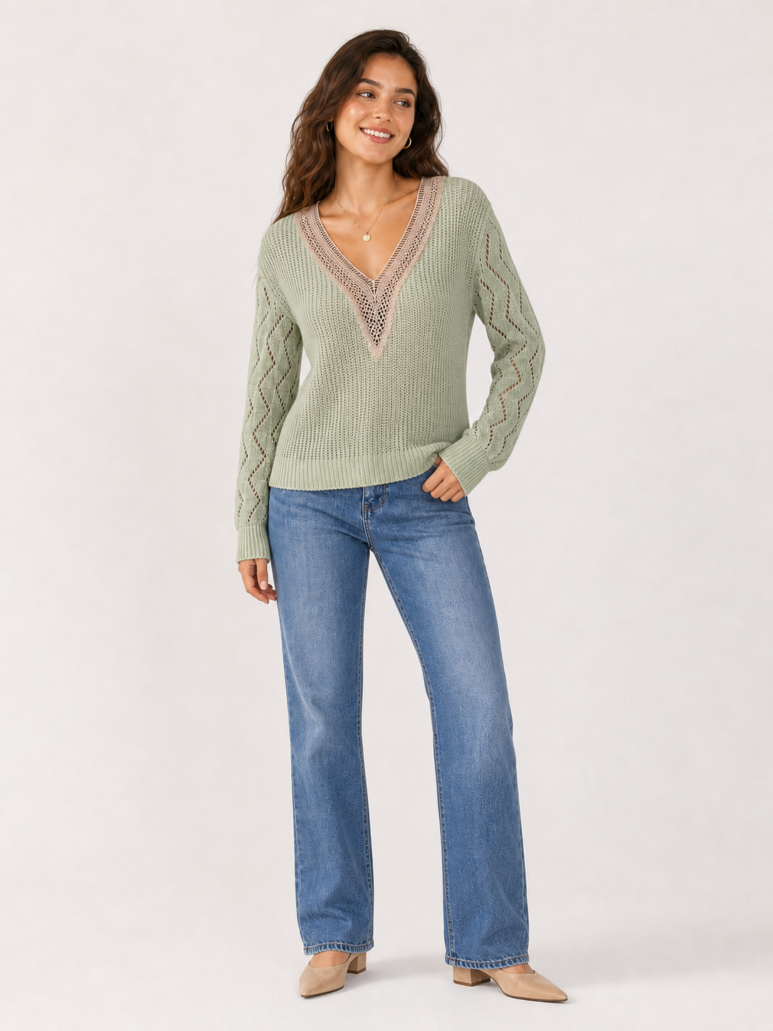 Women's openwork crochet V-neck knit top in sage green