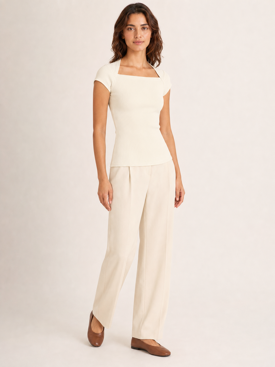 Women's ivory square-neck fitted top