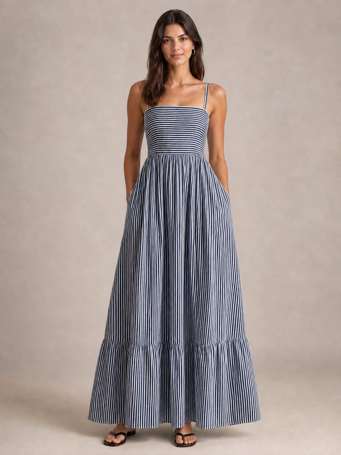 Women's navy-white striped tiered maxi dress