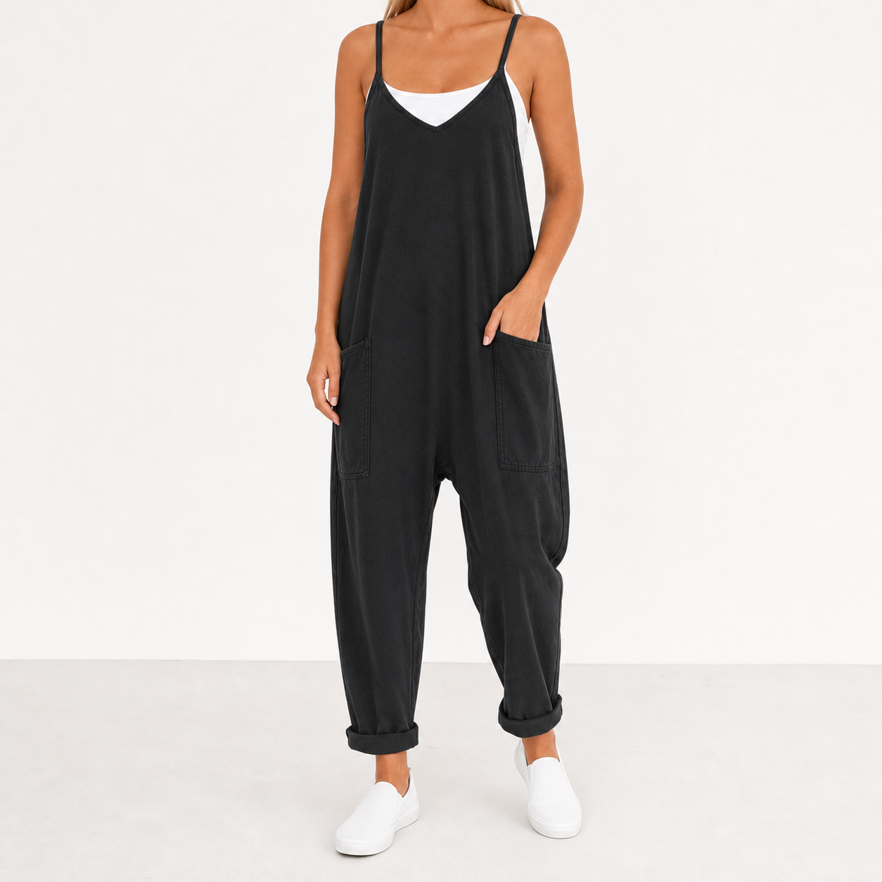 Women's soft black relaxed pocket jumpsuit