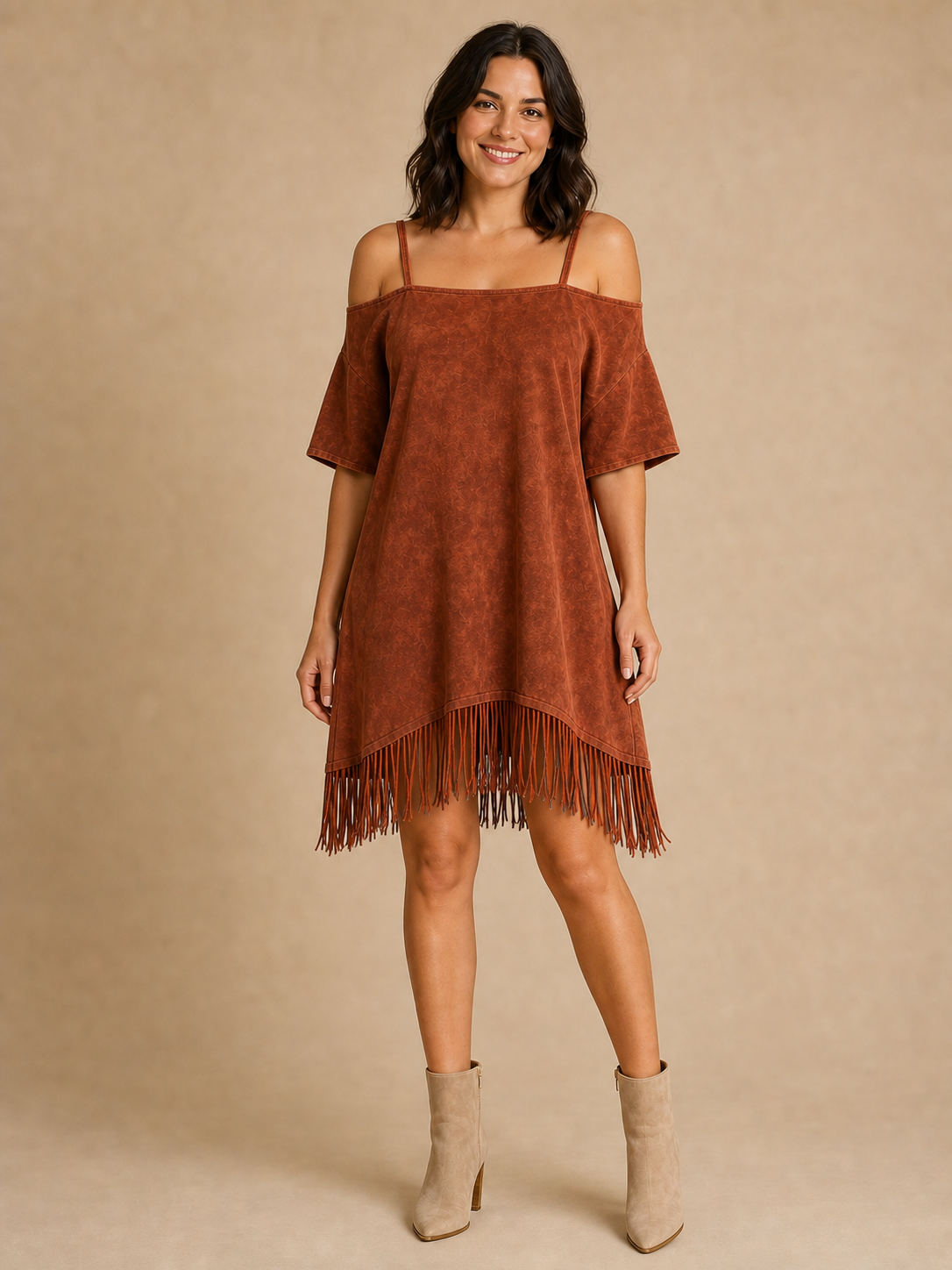 Women's rust brown washed cold shoulder fringe shift mini dress