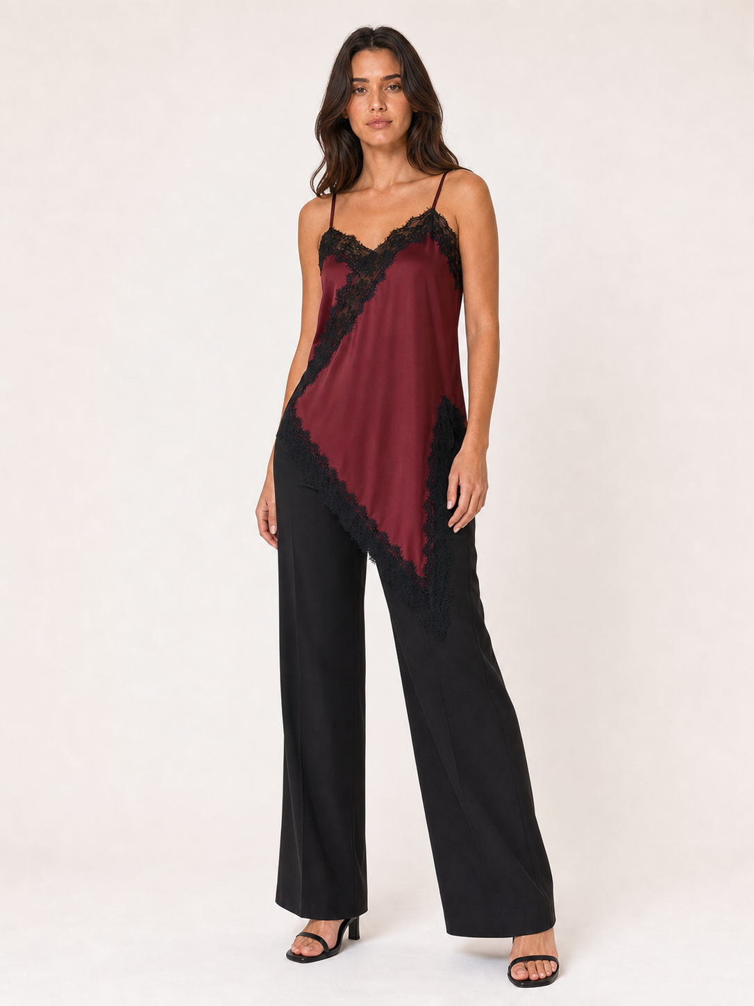 Women's burgundy camisole with black contrast lace