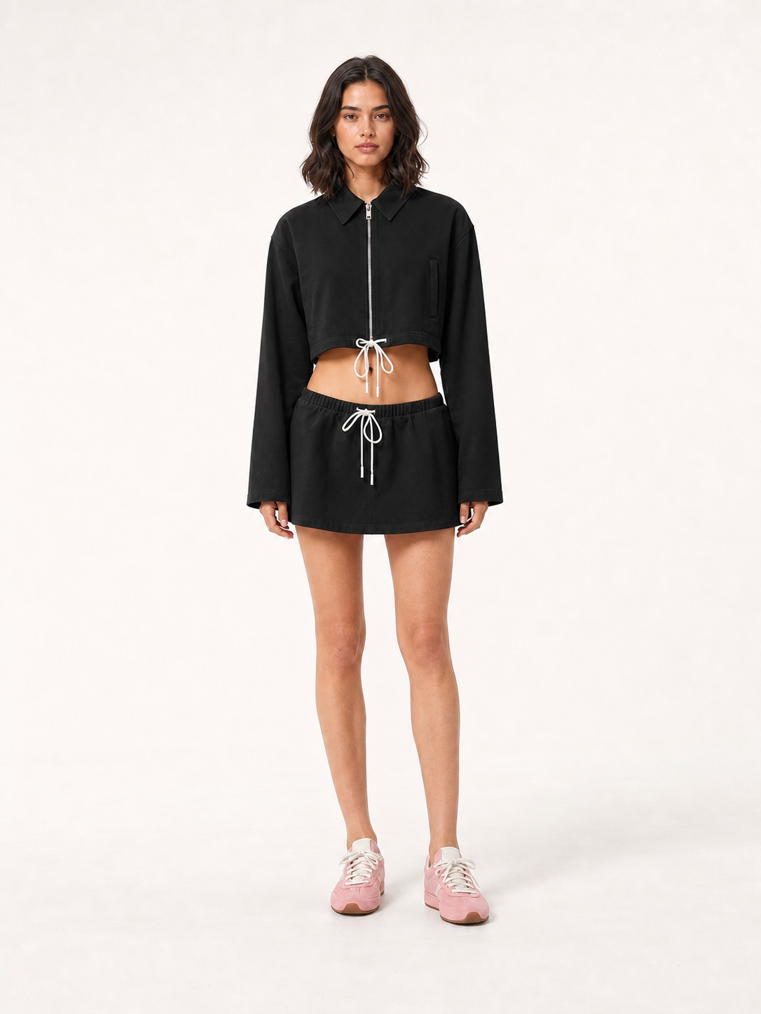 Women's cropped zip jacket and mini skirt set in black