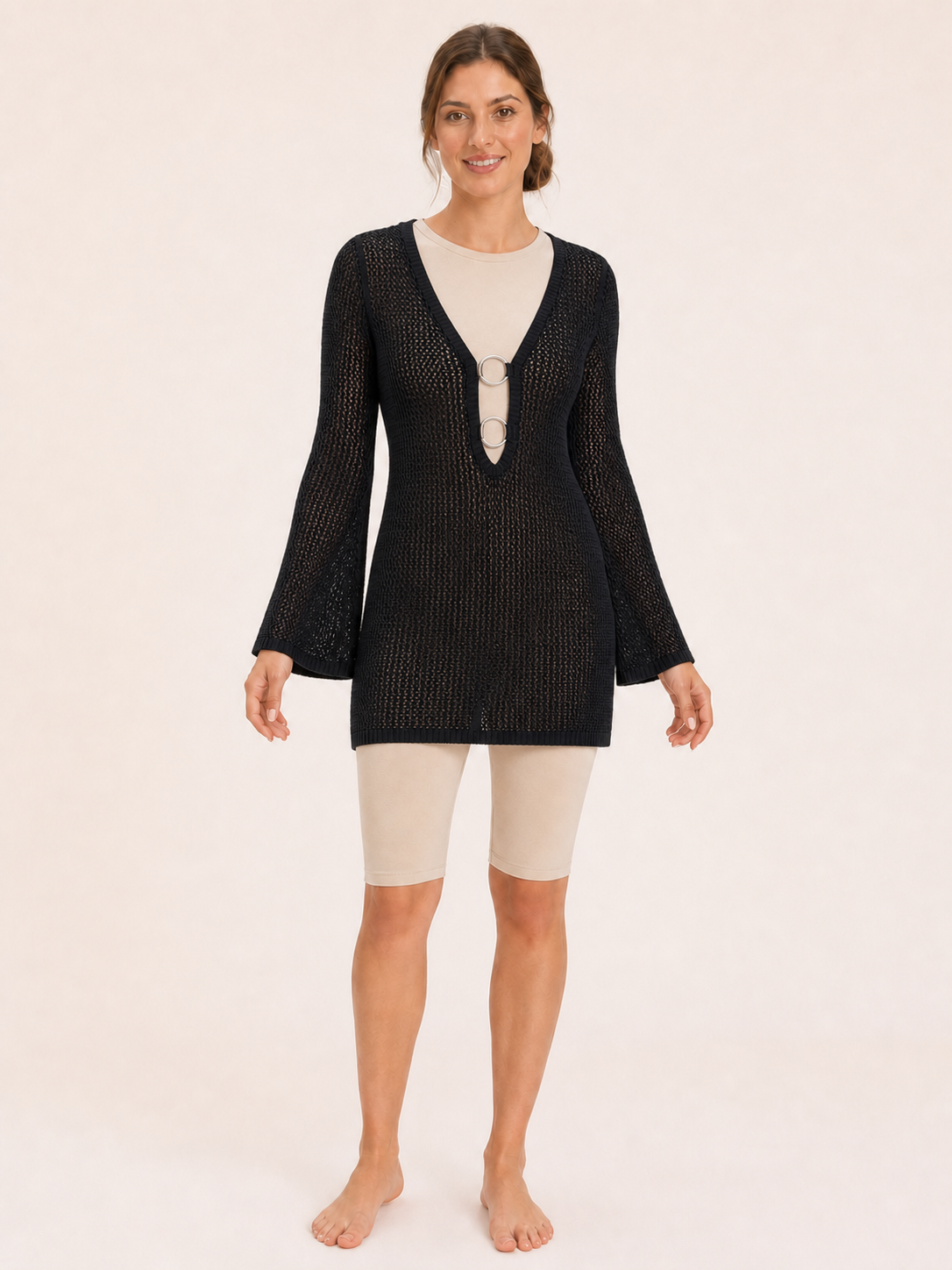 Women's black double-ring open-knit cover-up