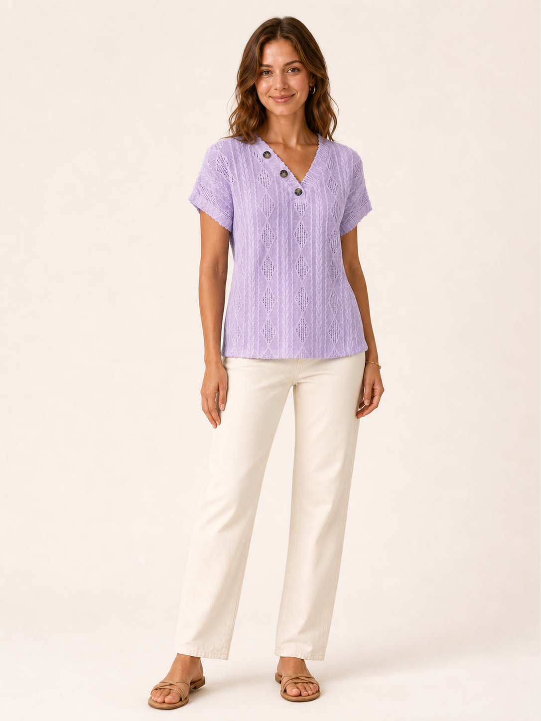 Women's openwork three-button top in lavender