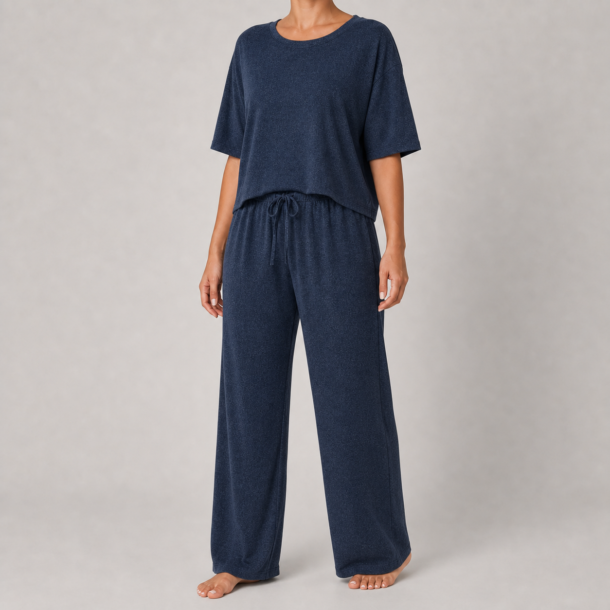 Deep navy women's relaxed top and wide-leg pants lounge set