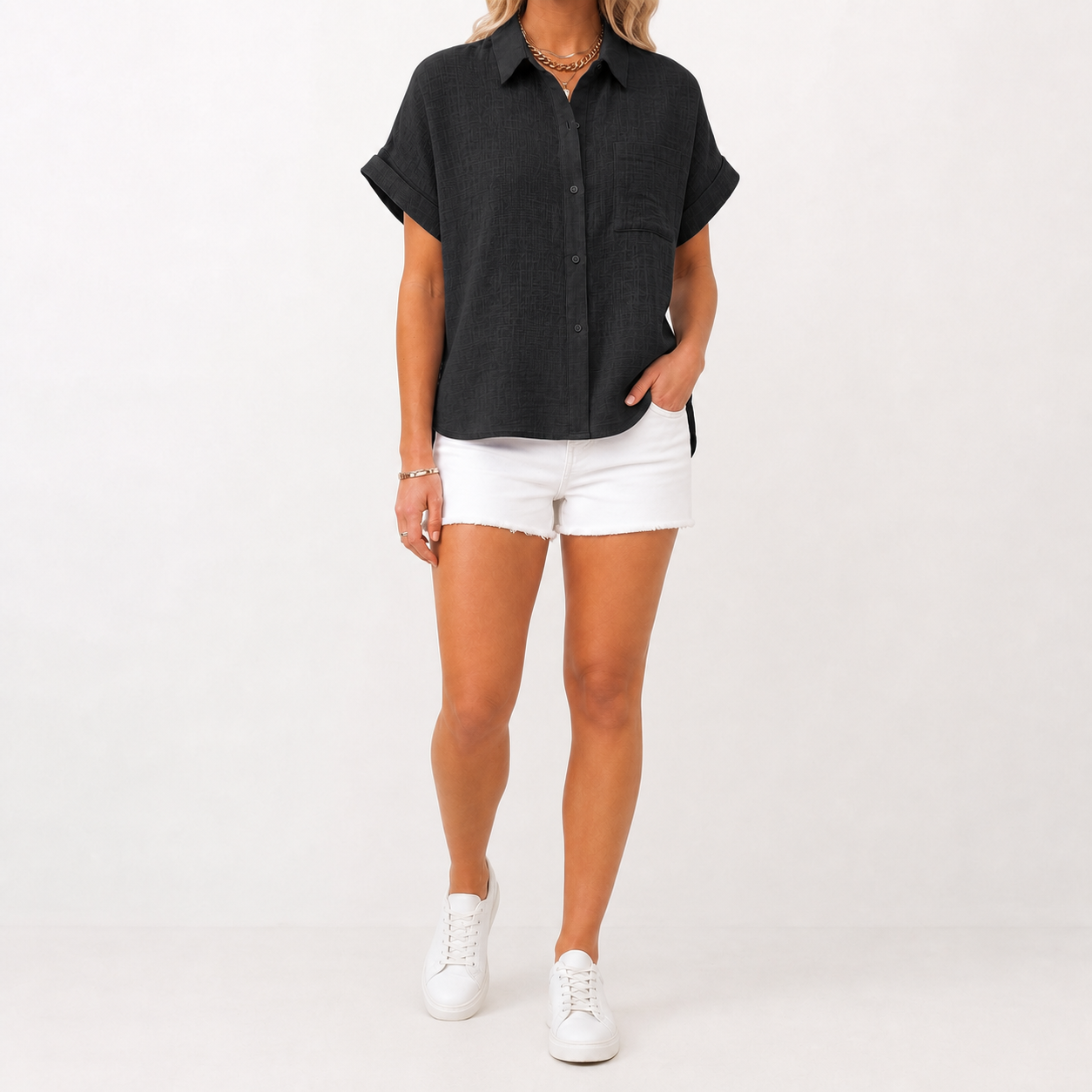 Black women's textured short-sleeve button shirt