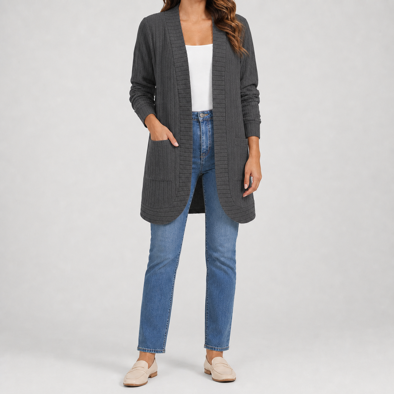 Charcoal gray women's ribbed open-front long cardigan