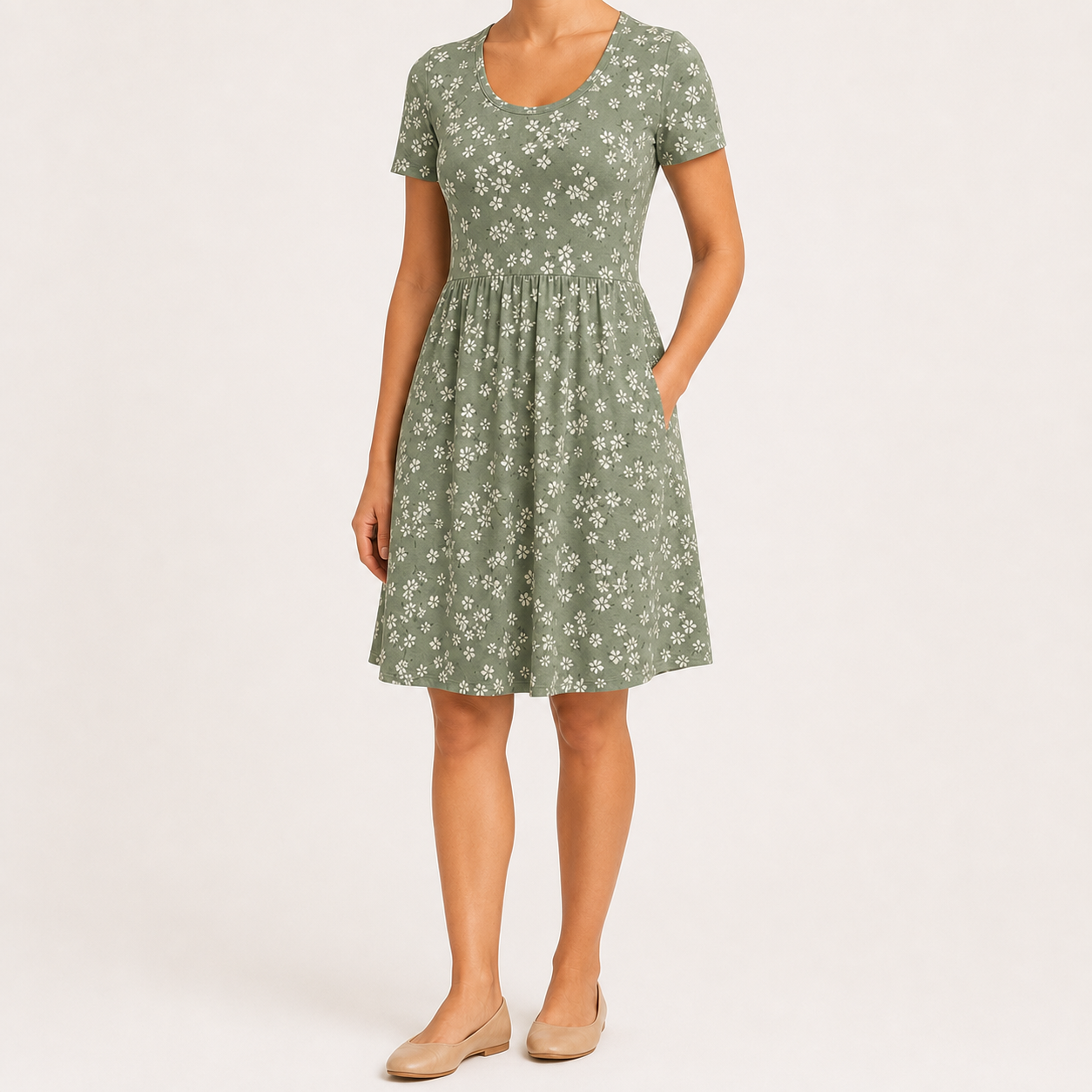 Sage green floral scoop neck pocket dress