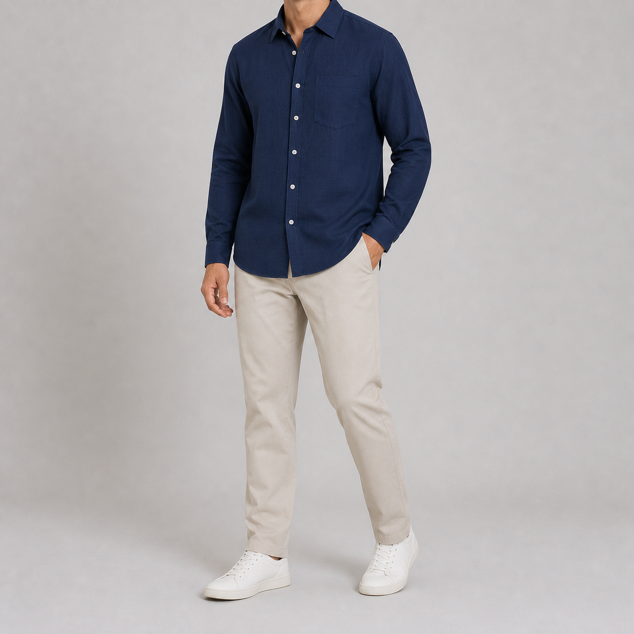 Navy blue men's textured long-sleeve shirt