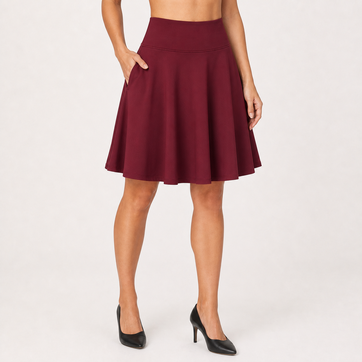 Burgundy high-waist pocket skater skirt