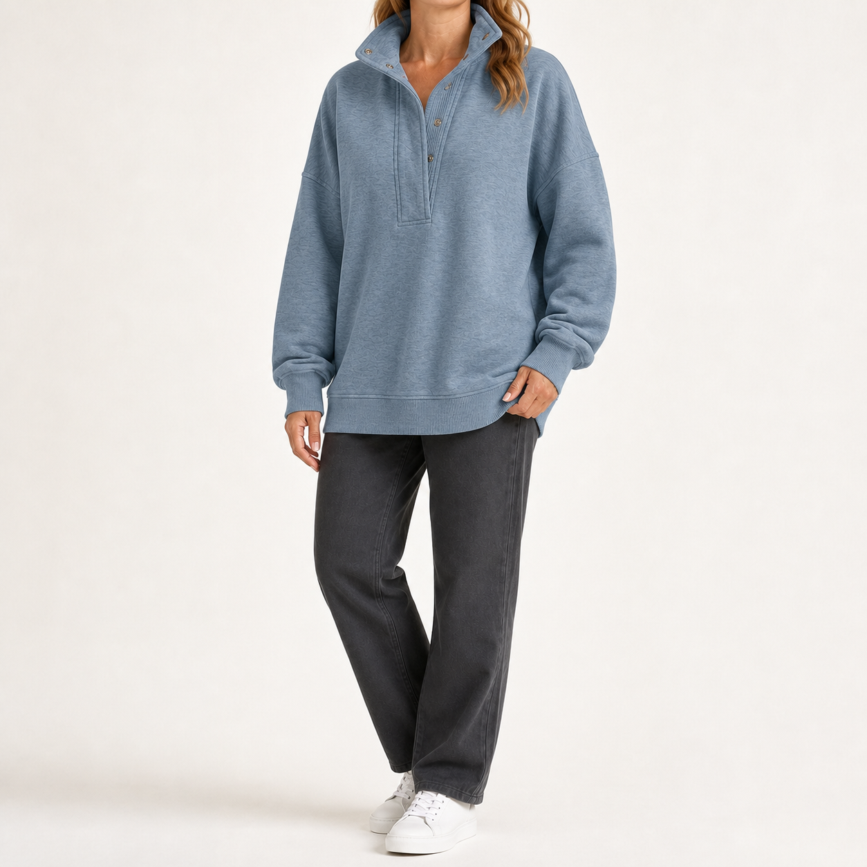 Women's dusty blue snap-collar relaxed pullover