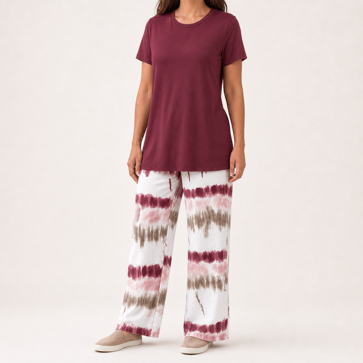 Burgundy women's tie dye pants lounge set