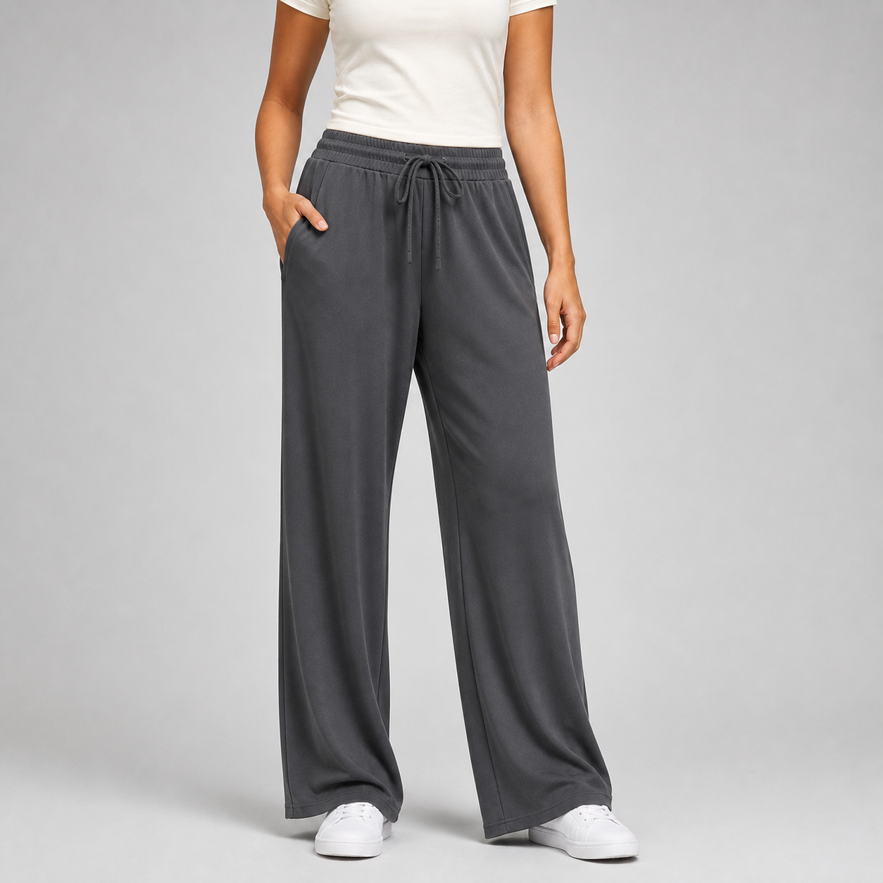 Charcoal gray women's drawstring wide-leg pants