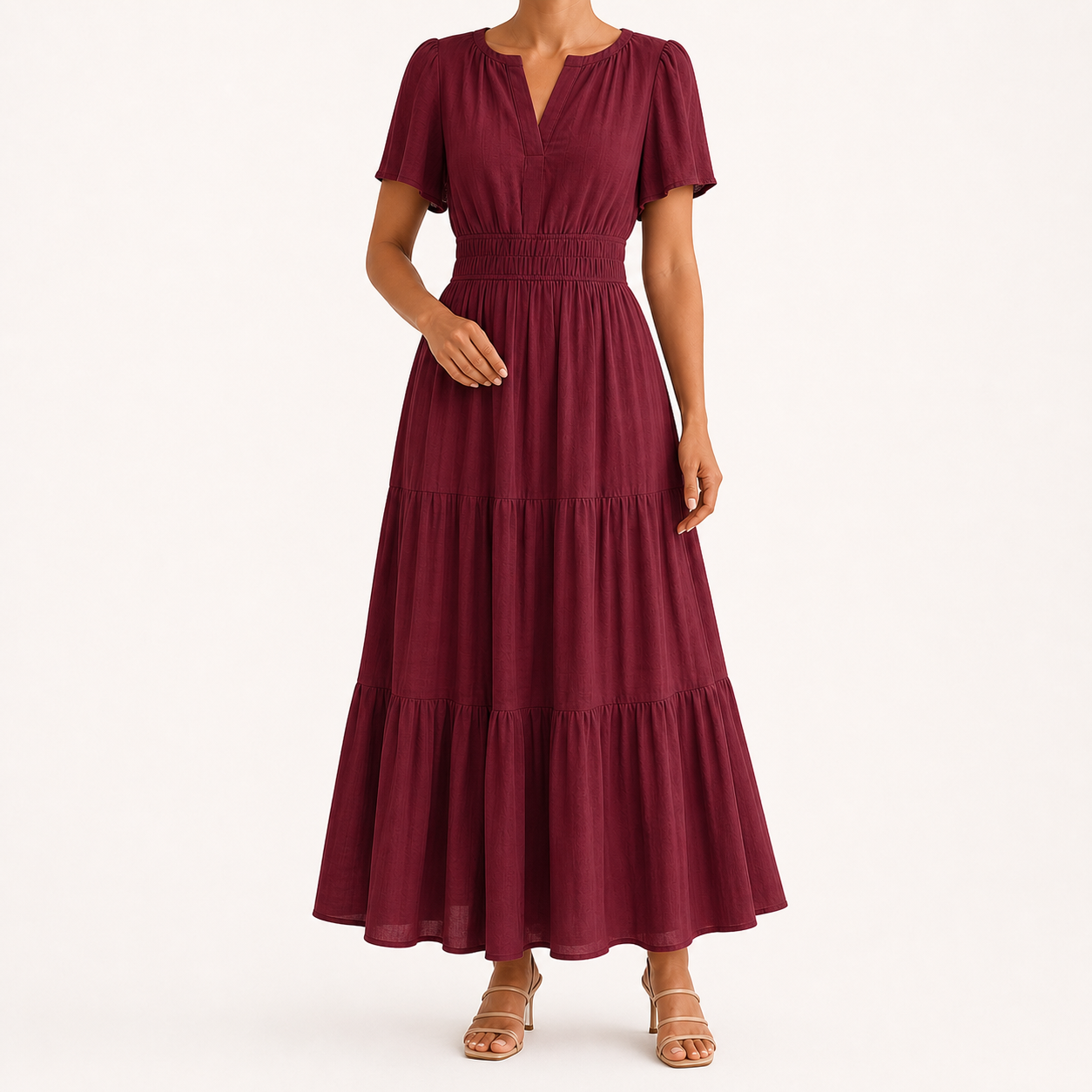 Women's burgundy smocked-waist tiered maxi dress