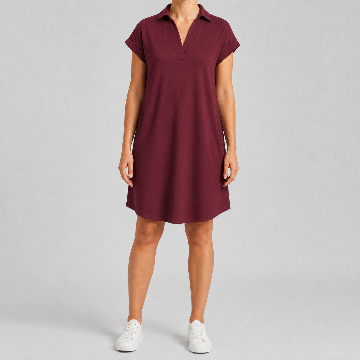 Burgundy women's collared short-sleeve pocket dress