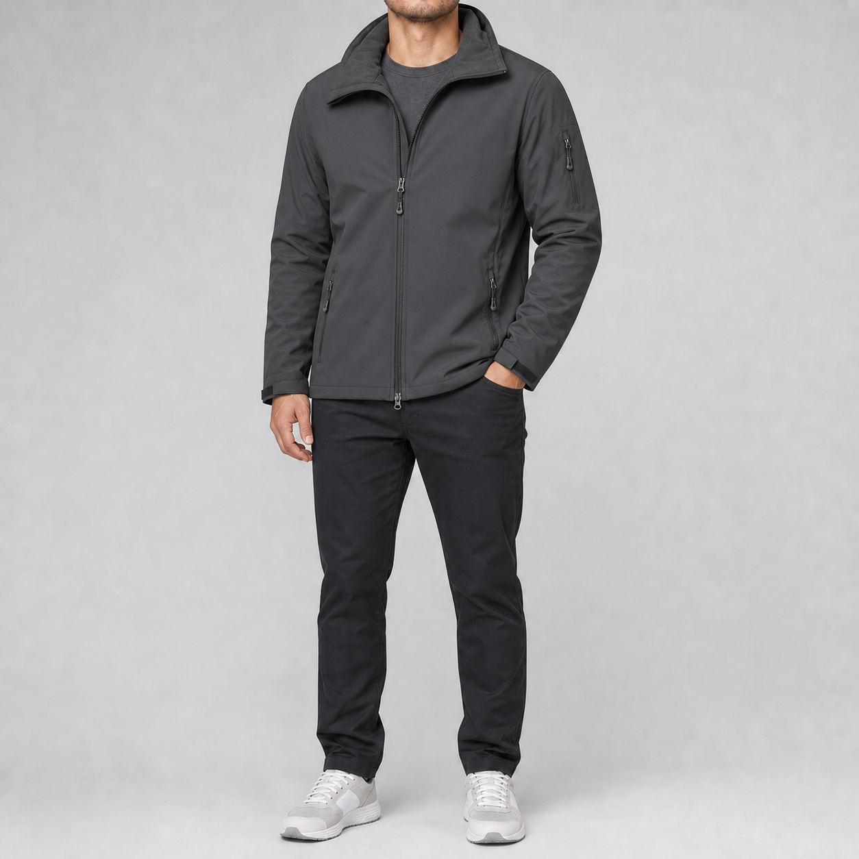 Charcoal gray men's hooded full-zip softshell jacket