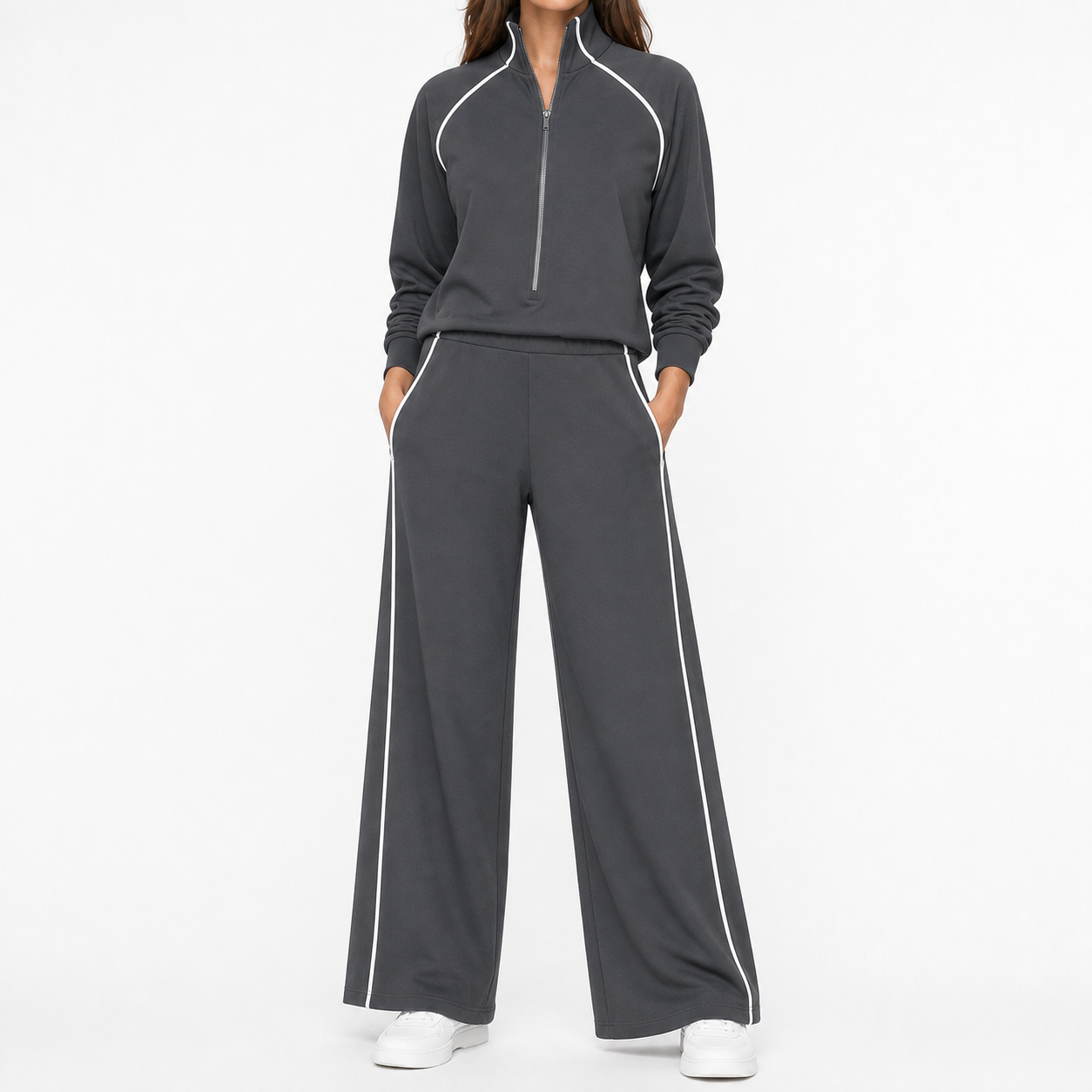 Charcoal gray women's piped quarter-zip wide-leg set