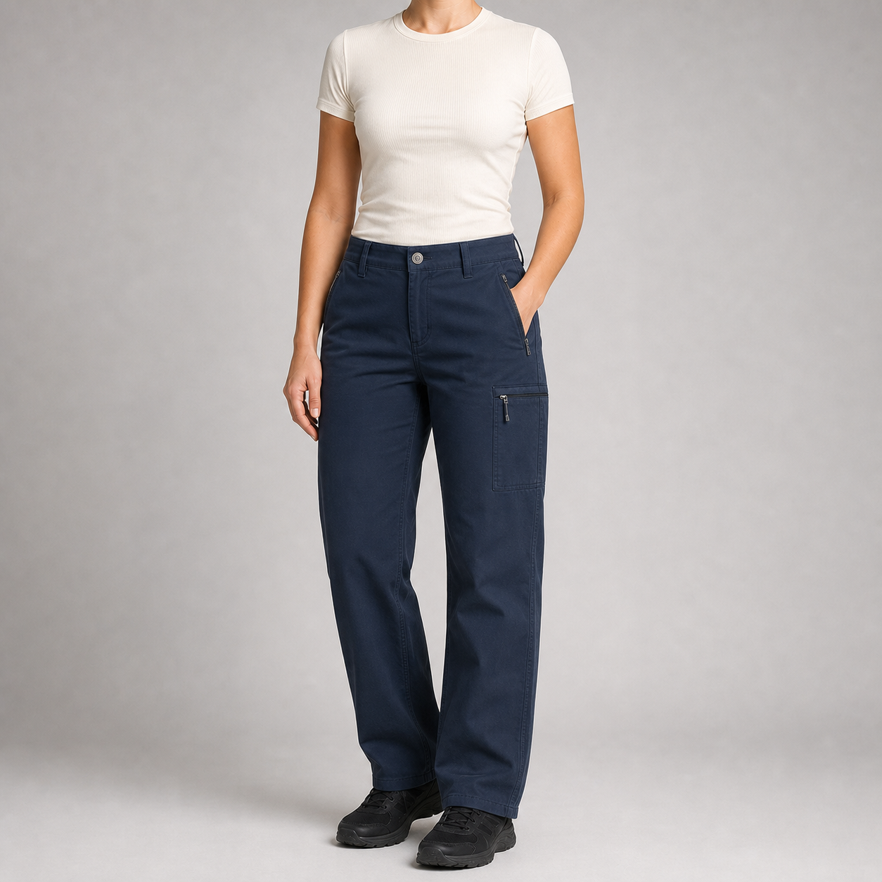Deep navy women's zip-pocket cargo pants