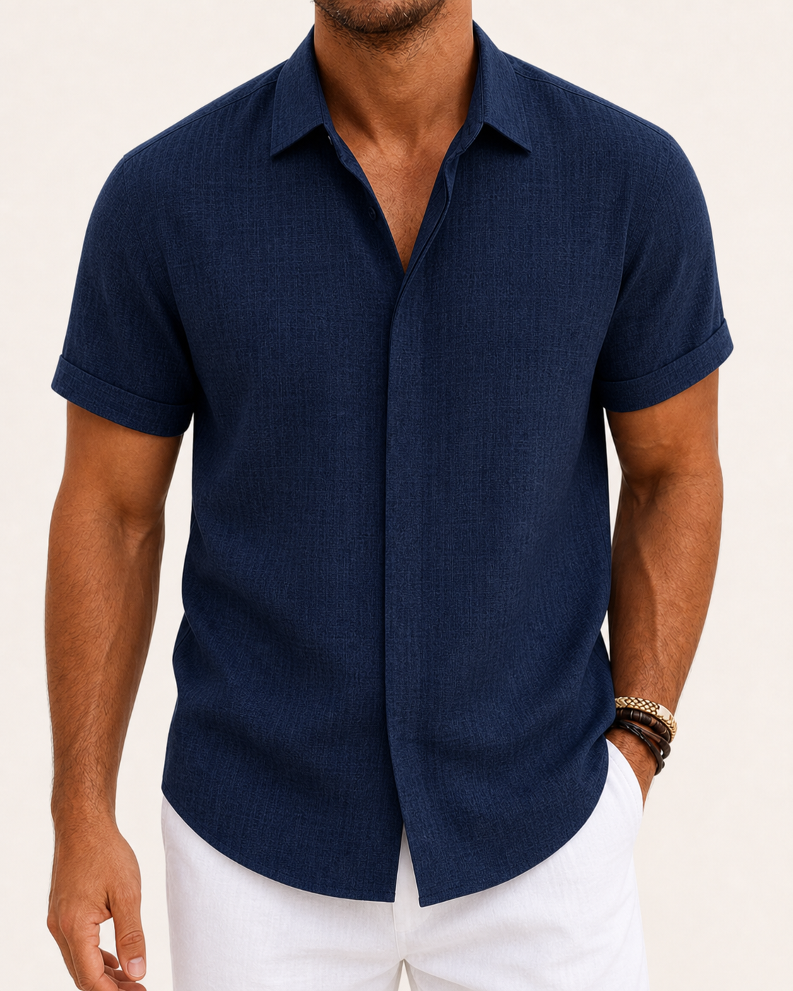 Navy blue men's textured short-sleeve shirt