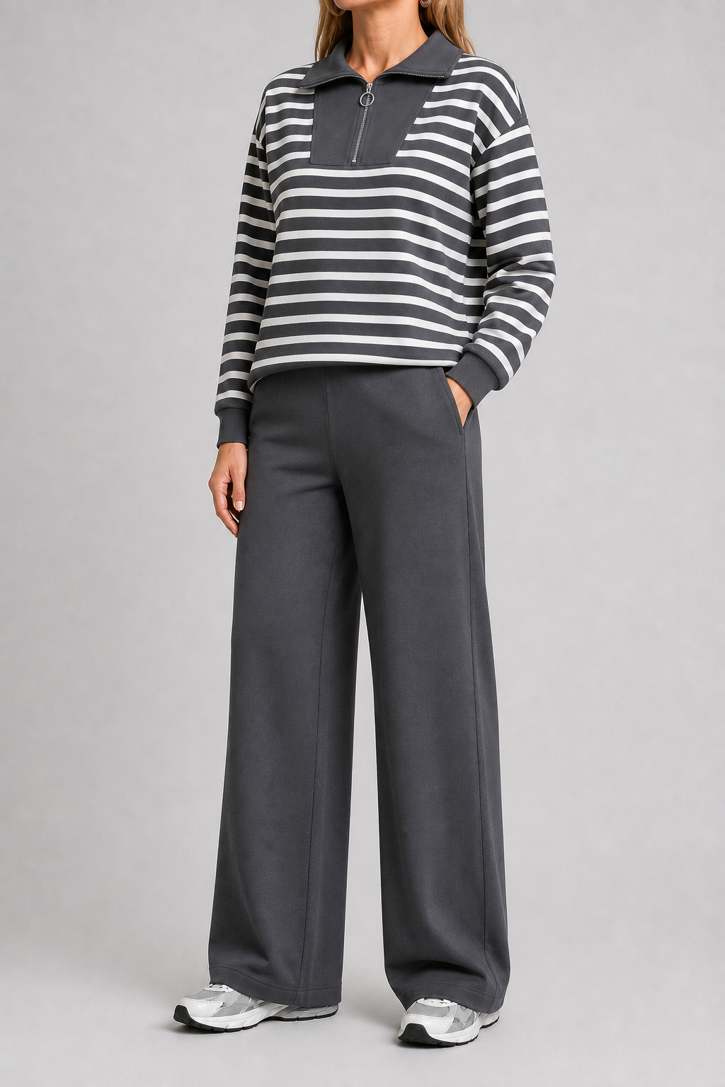 Charcoal stripe women's quarter-zip wide-leg set