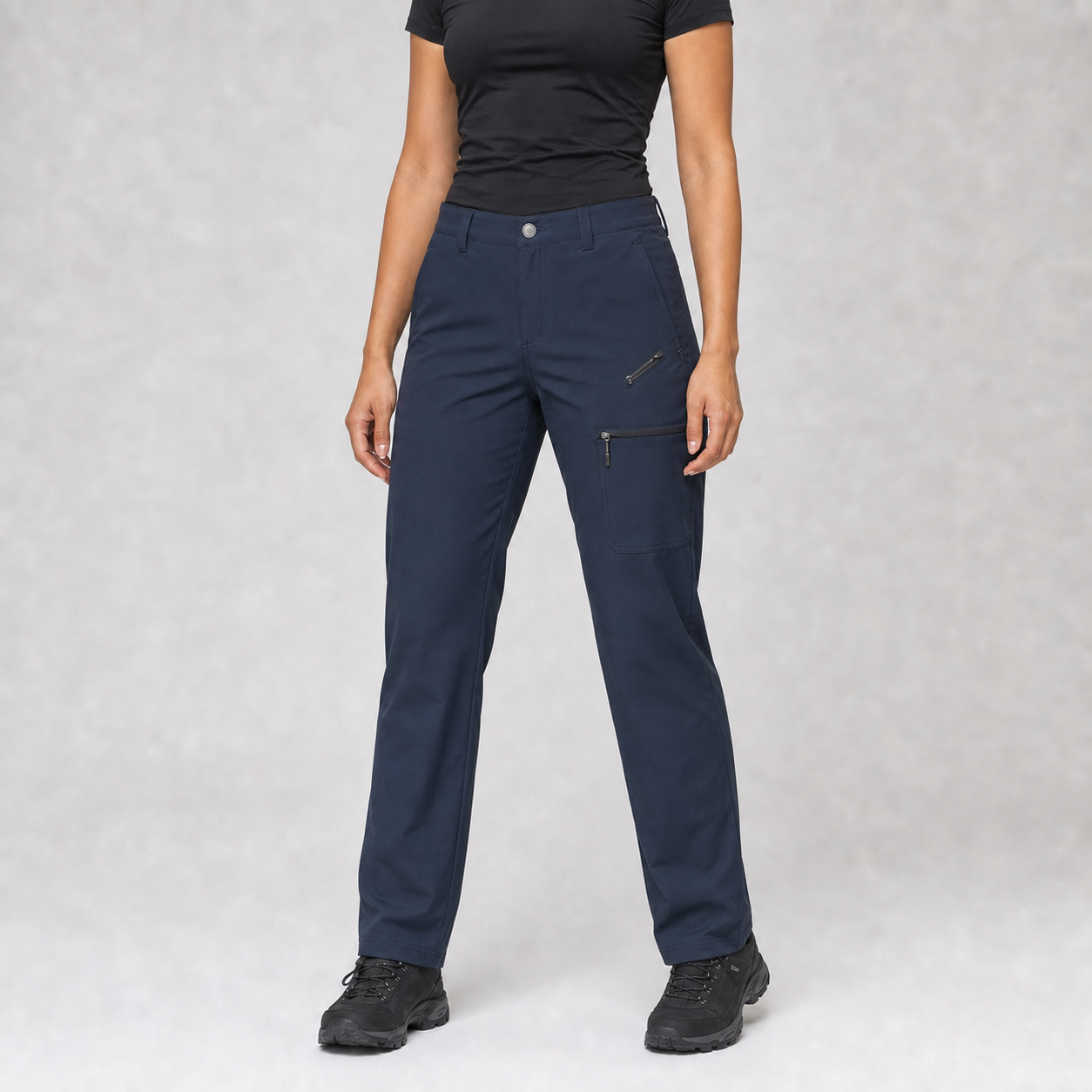 Deep navy women's straight-leg cargo hiking pants