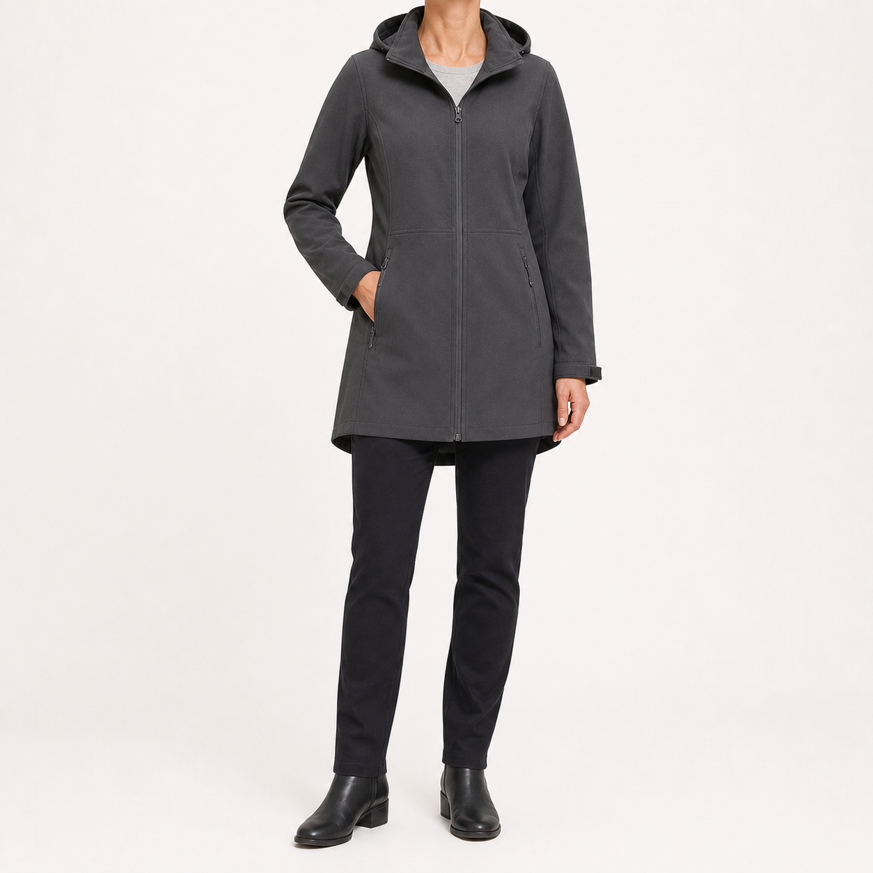 Charcoal gray women's hooded mid-length zip jacket
