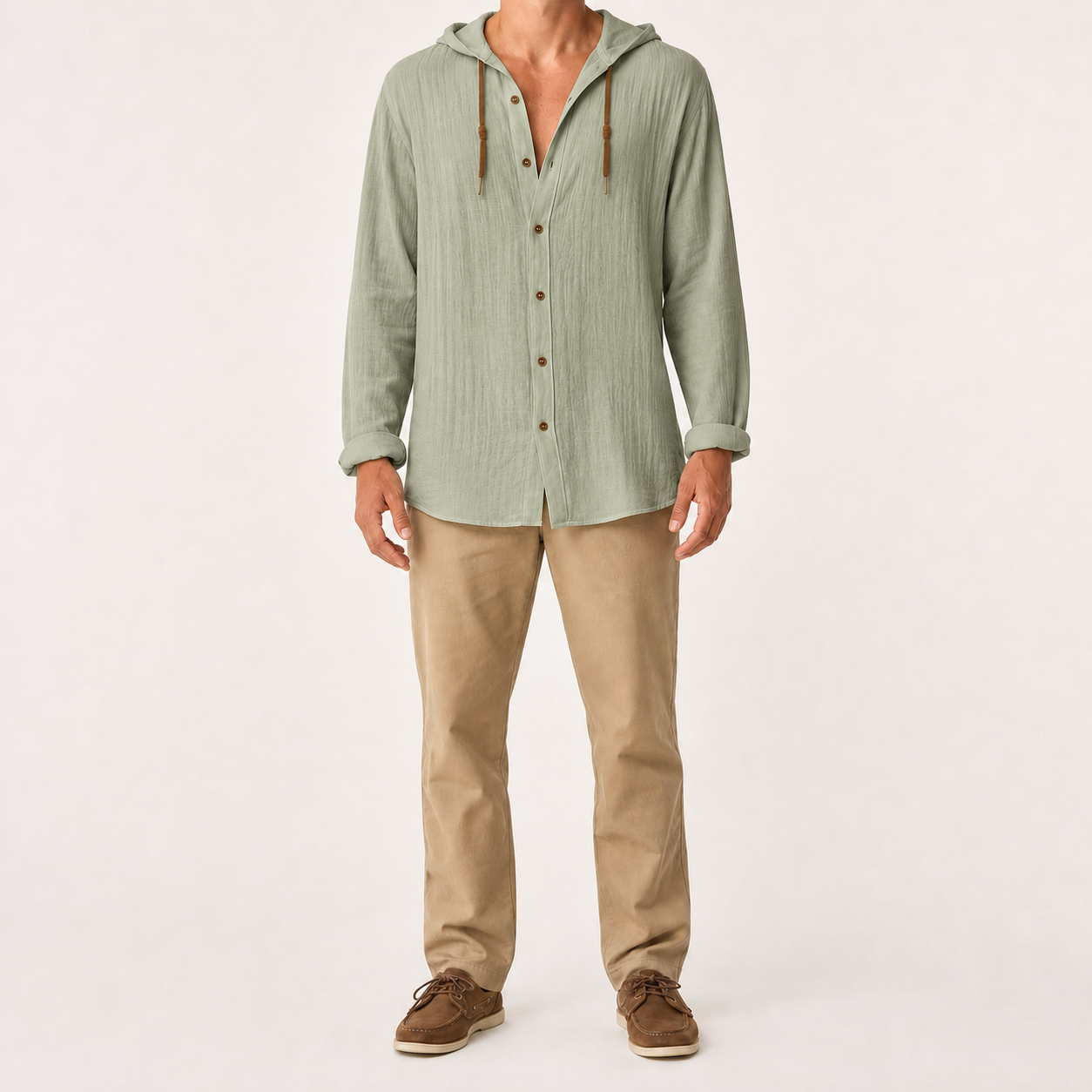 Men's hooded button shirt in muted sage