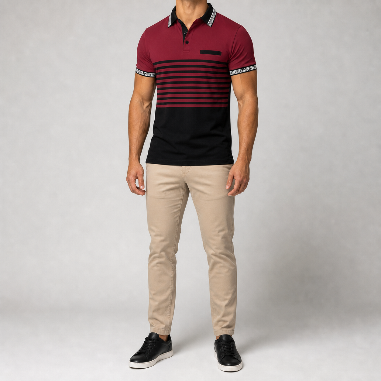 Men's burgundy and black striped polo