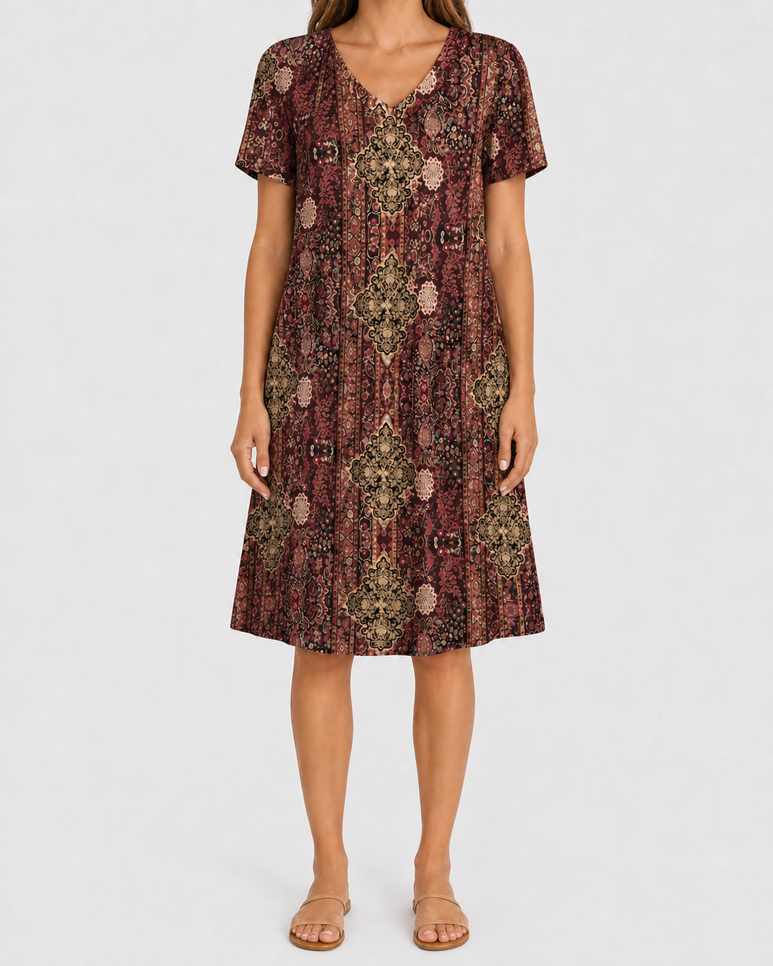 Burgundy ornamental print pocket dress
