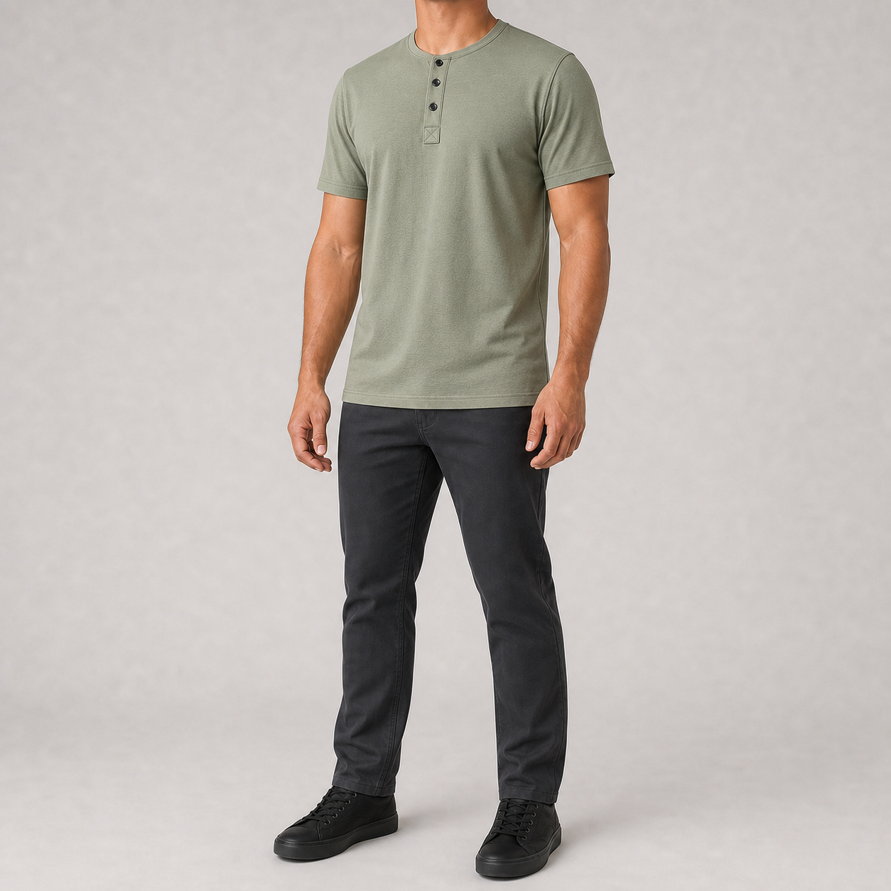 Men's sage green textured short sleeve Henley