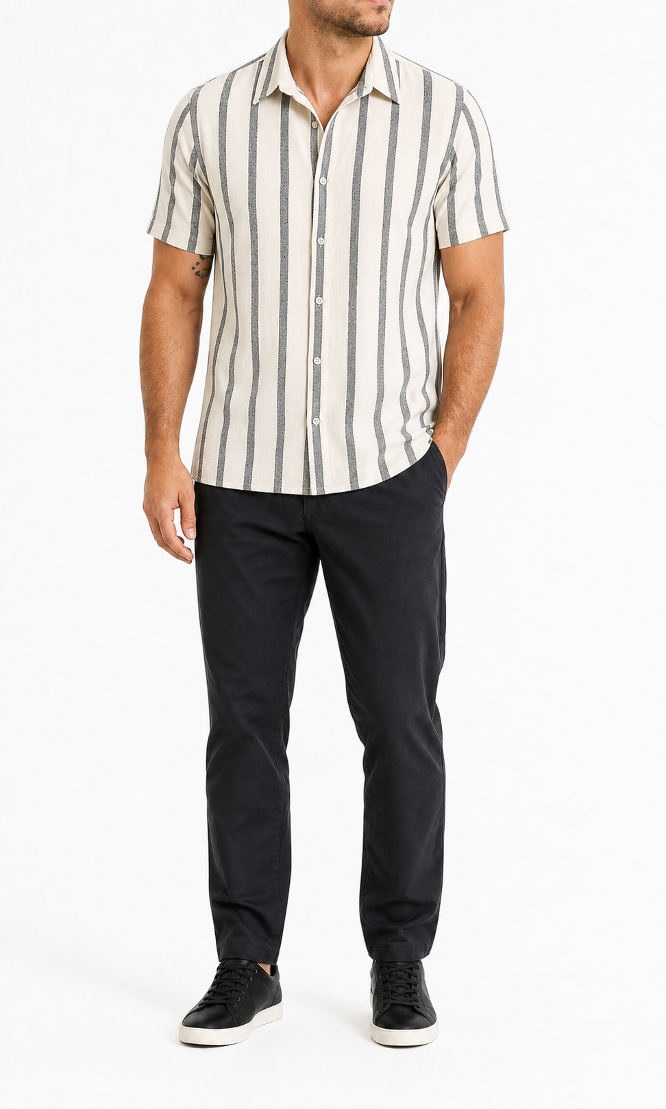Ivory and charcoal striped men's short-sleeve shirt