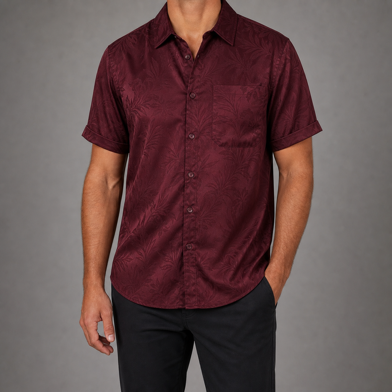 Burgundy tonal floral jacquard shirt