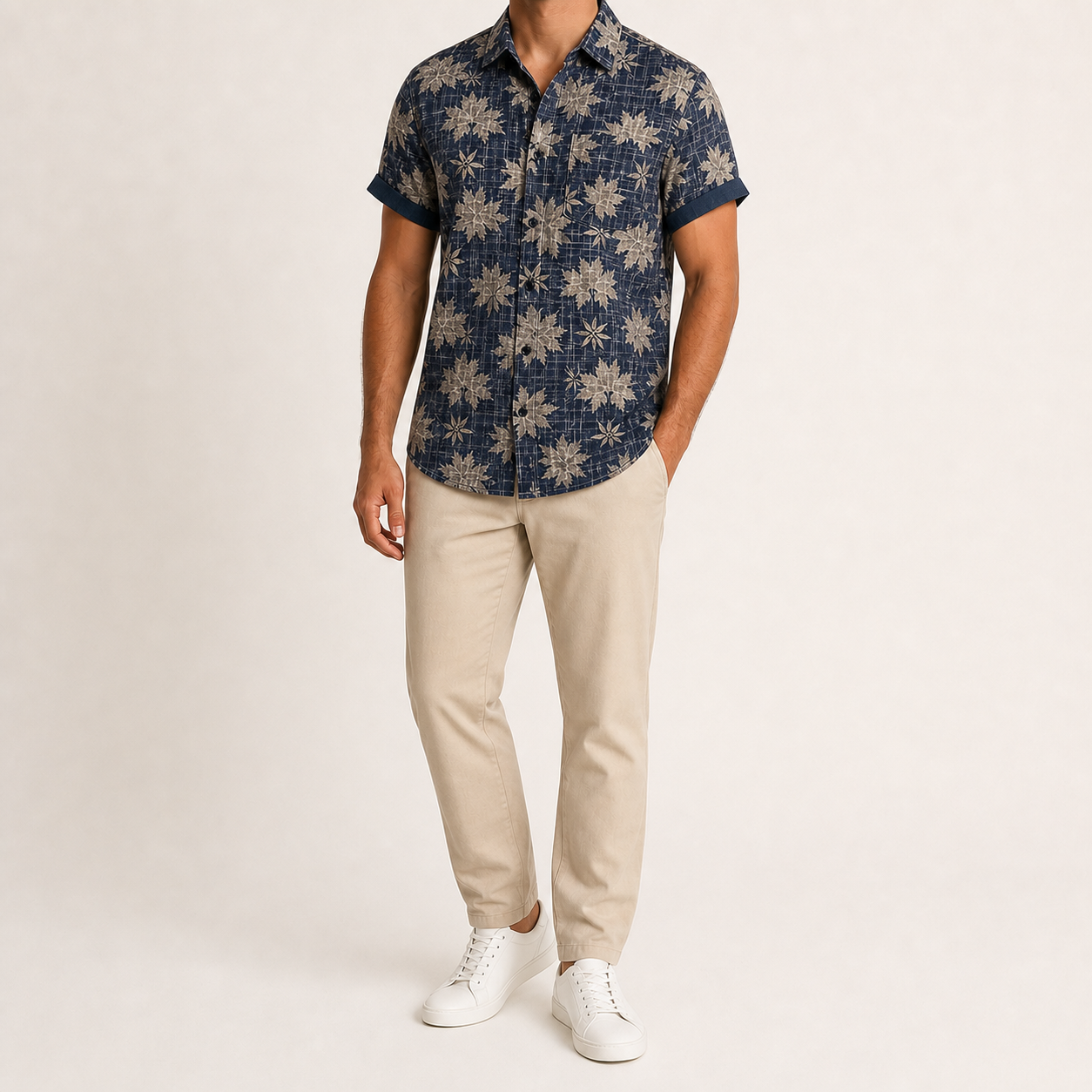 Men's navy floral camp collar shirt