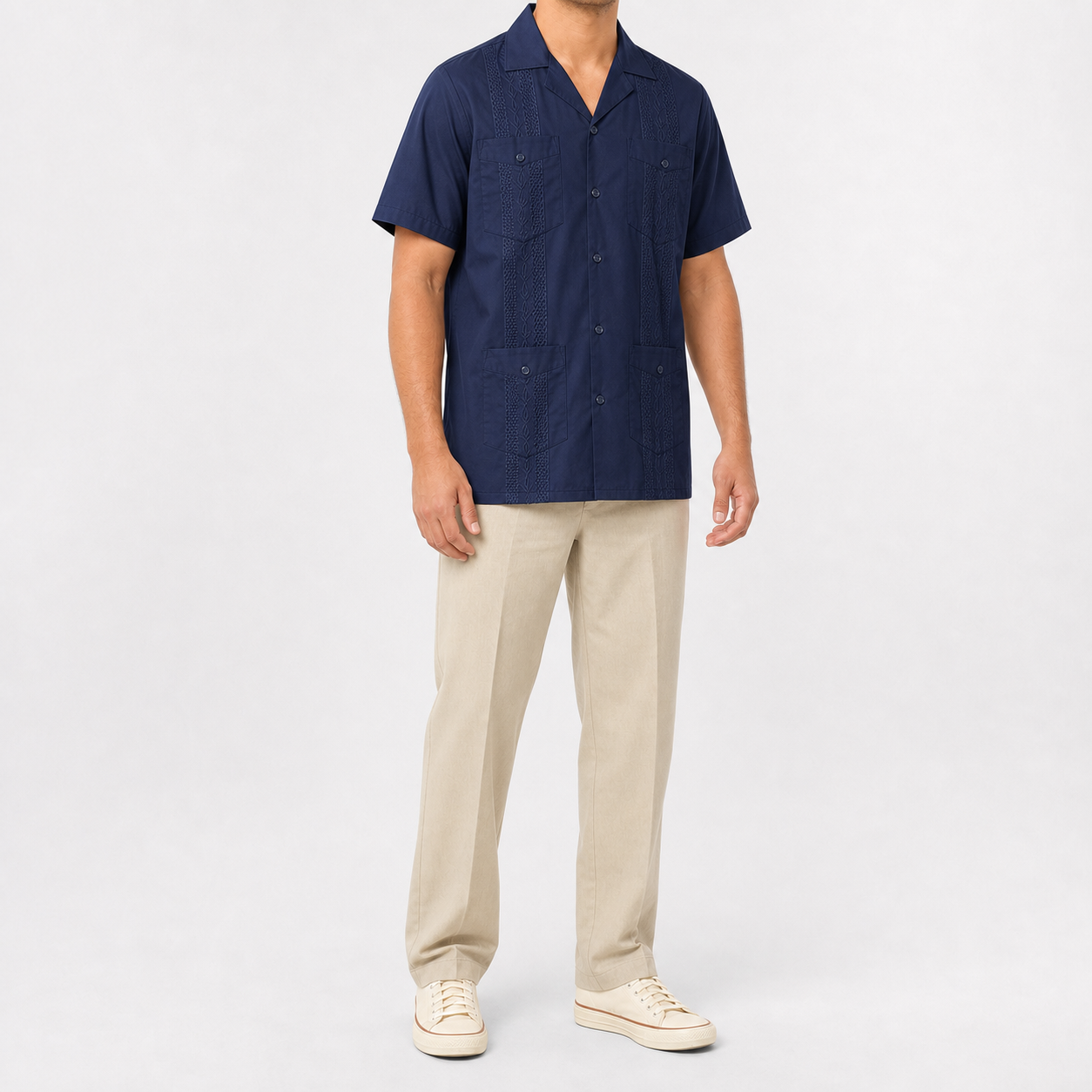 Navy blue men's four-pocket short-sleeve guayabera shirt
