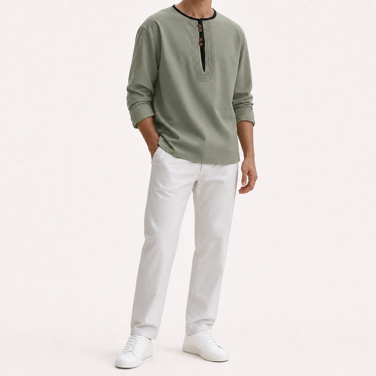 Men's sage green contrast trim long sleeve Henley