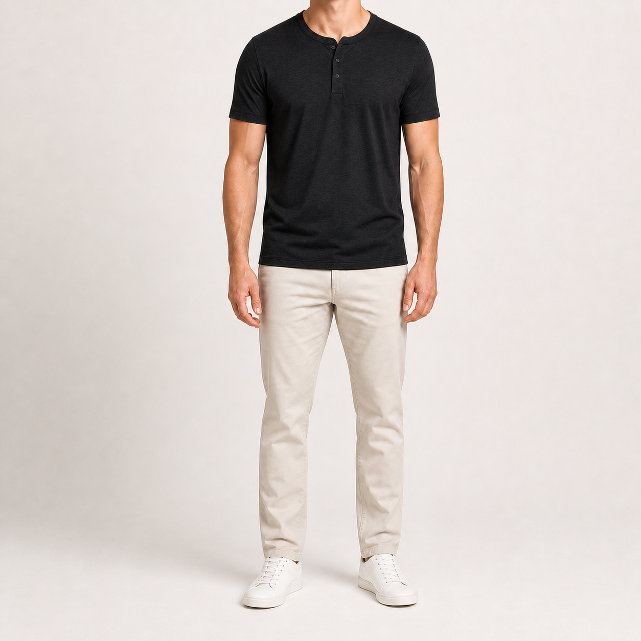 Men's black short-sleeve three-button Henley shirt