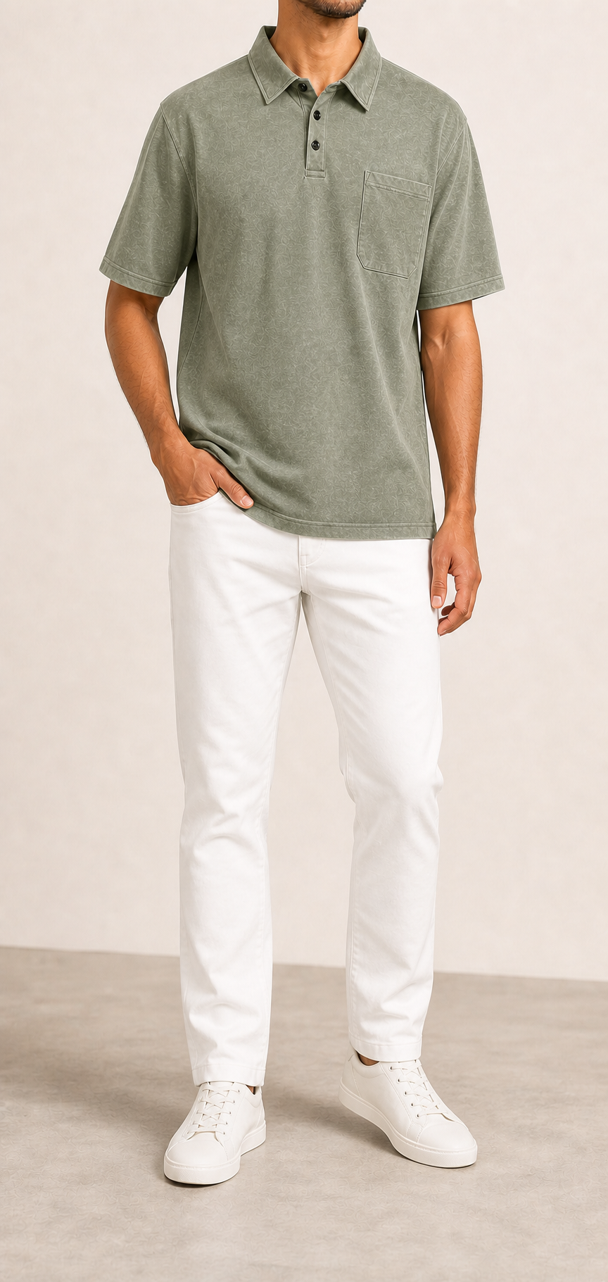 Men's washed sage green pocket polo