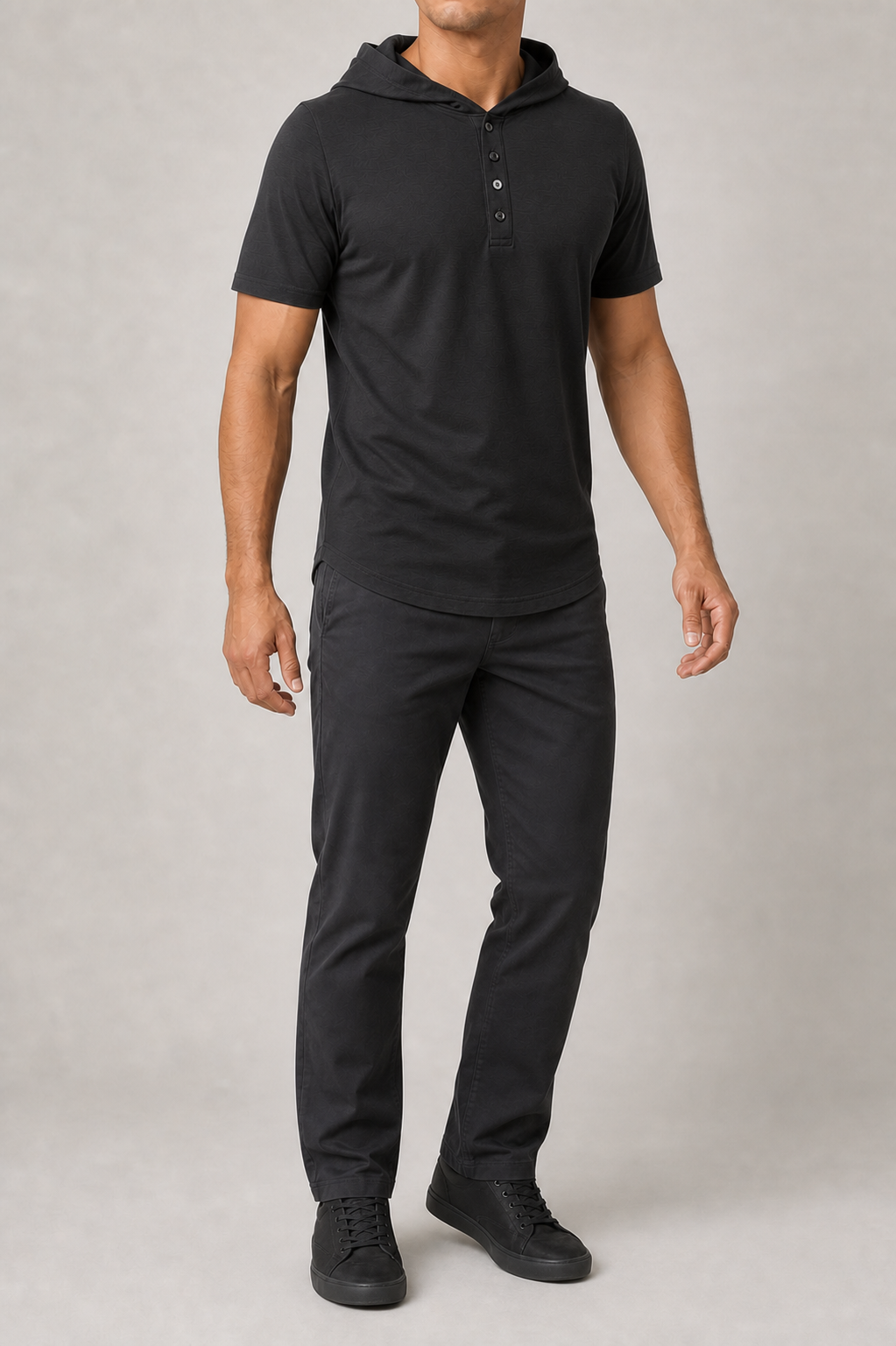 Men's charcoal short-sleeve hooded Henley