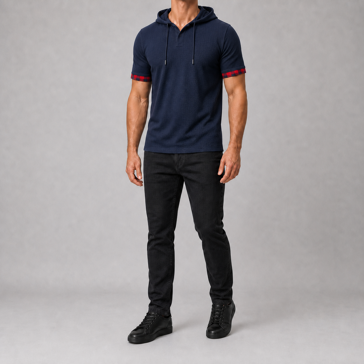 Men's hooded Henley shirt in deep navy