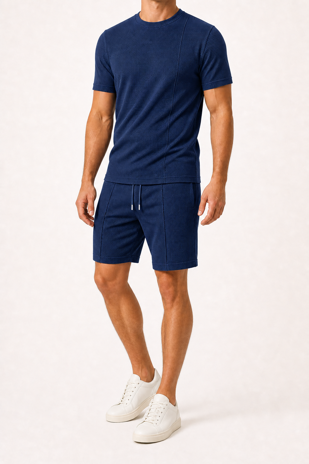 Men's waffle knit shirt and shorts set in deep navy