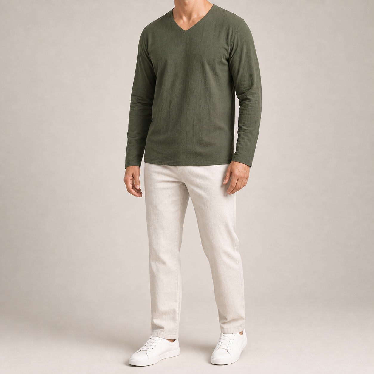 Men's olive green long-sleeve V-neck shirt