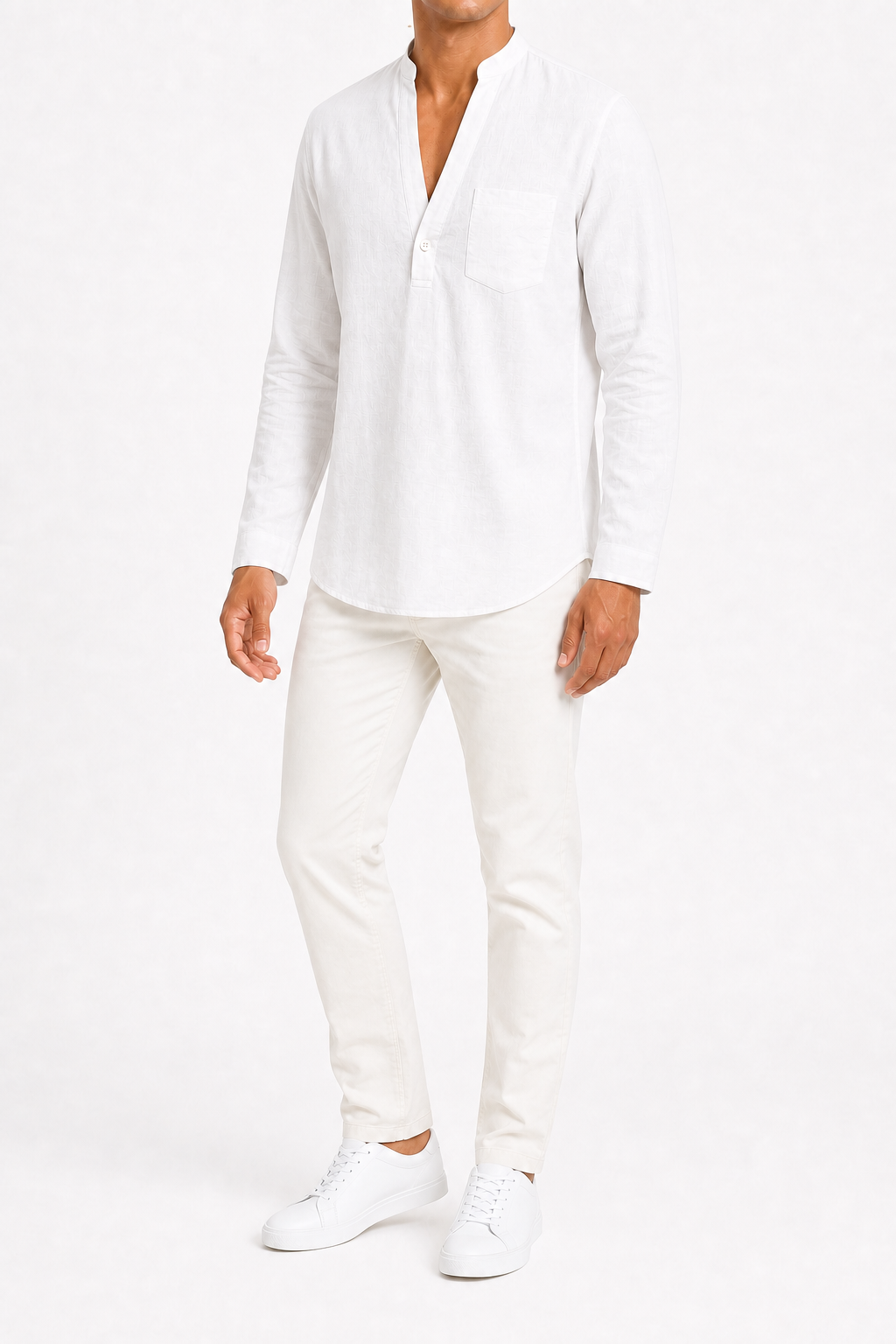Men's white long-sleeve split-neck shirt